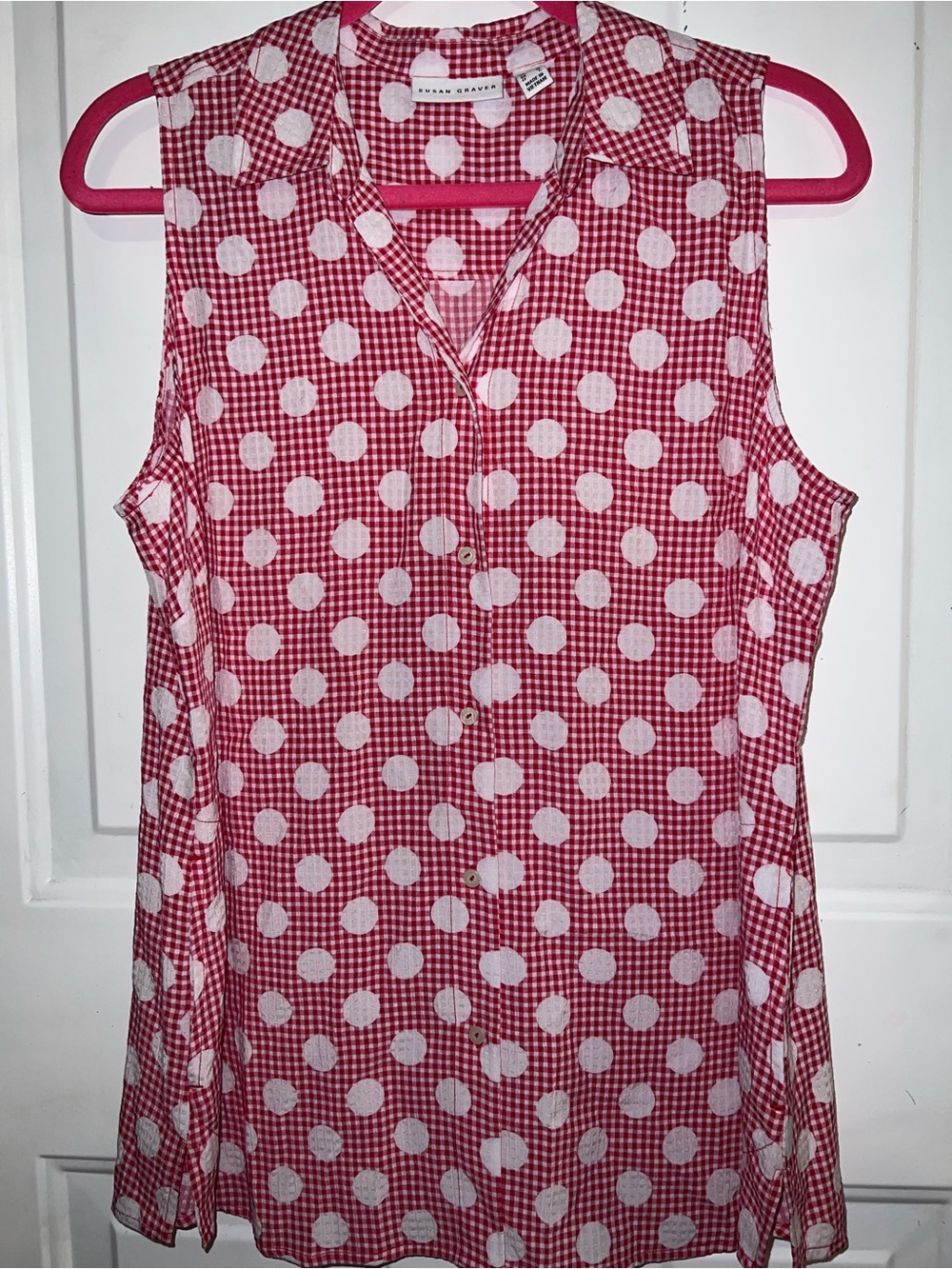 Susan Graver Red and White Polka Dot Sleeveless Button-Front Blouse